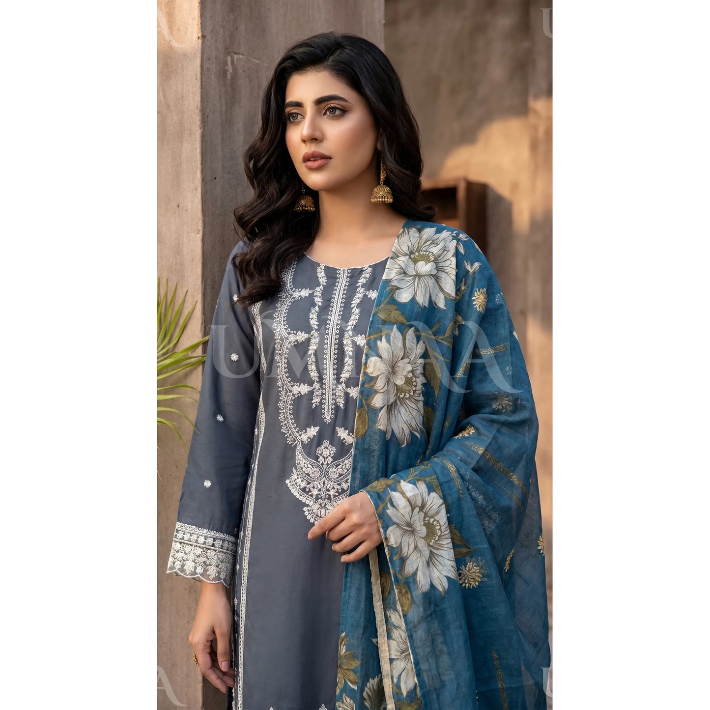UB-03 3 Pc Embroidered Linen Dress With Cotton Silk Printed Dupatta  By UB