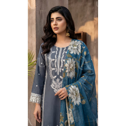 UB-03 3 Pc Embroidered Linen Dress With Cotton Silk Printed Dupatta  By UB