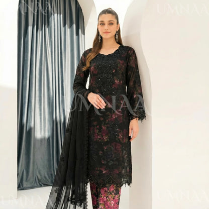 UA-184 Embroidered Chiffon 3-Piece with Printed Lining & Trouser