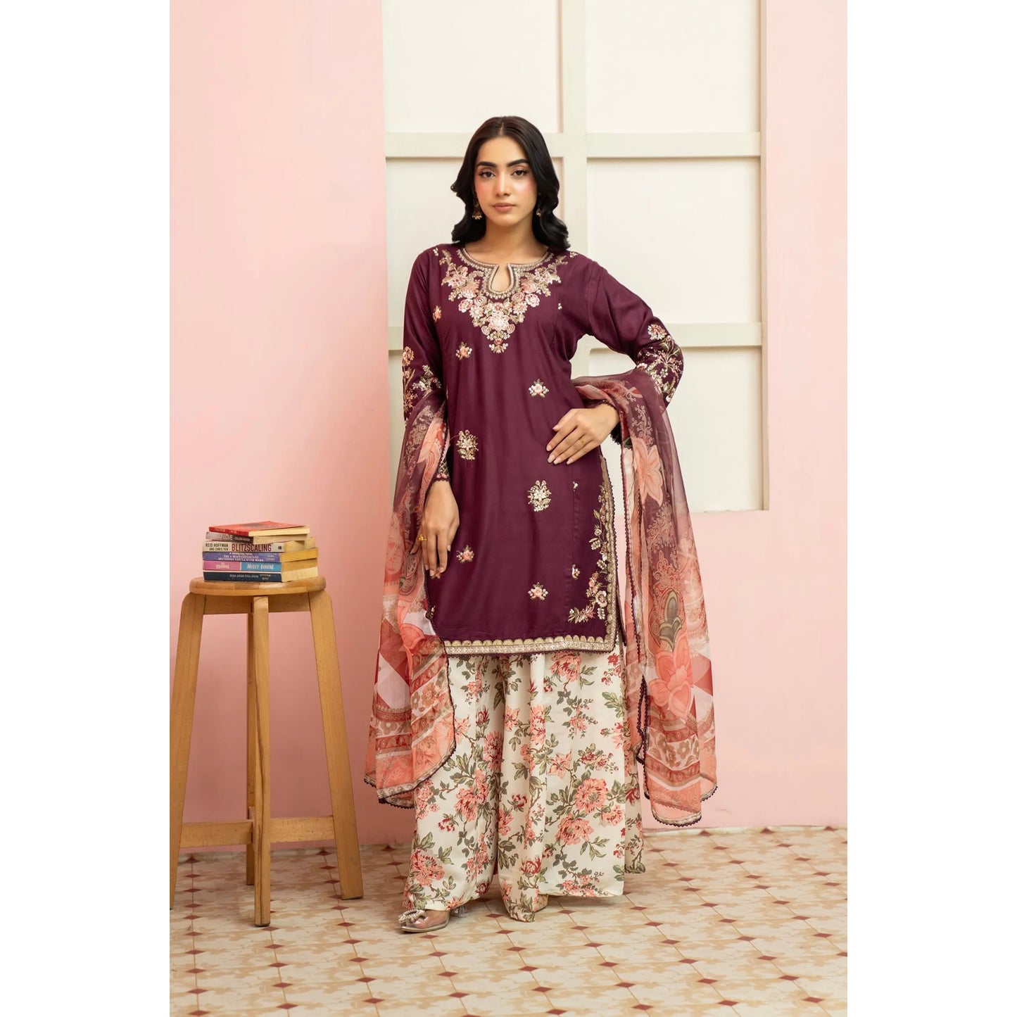 UMRZ-60 Maharani Festive Embroidered Linen with printed Sharara collection by Rangz | Ready to Wear Pakistani Asian clothes