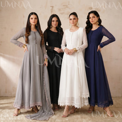 UA-204 Luxury Embroidered Chiffon Frock Collection 3 Pc | Ready to Wear | Umnaa