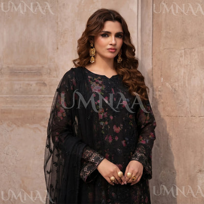 UA-205 Embroidered Chiffon 3-Piece with Printed Lining & Trouser
