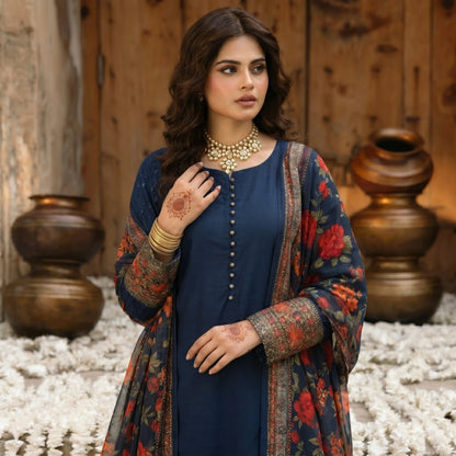 UA-207 Embroidered Viscose Farshi Shalwar with Printed Chiffon Dupatta by Umnaa | Ready to Wear Pakistani Asian clothes