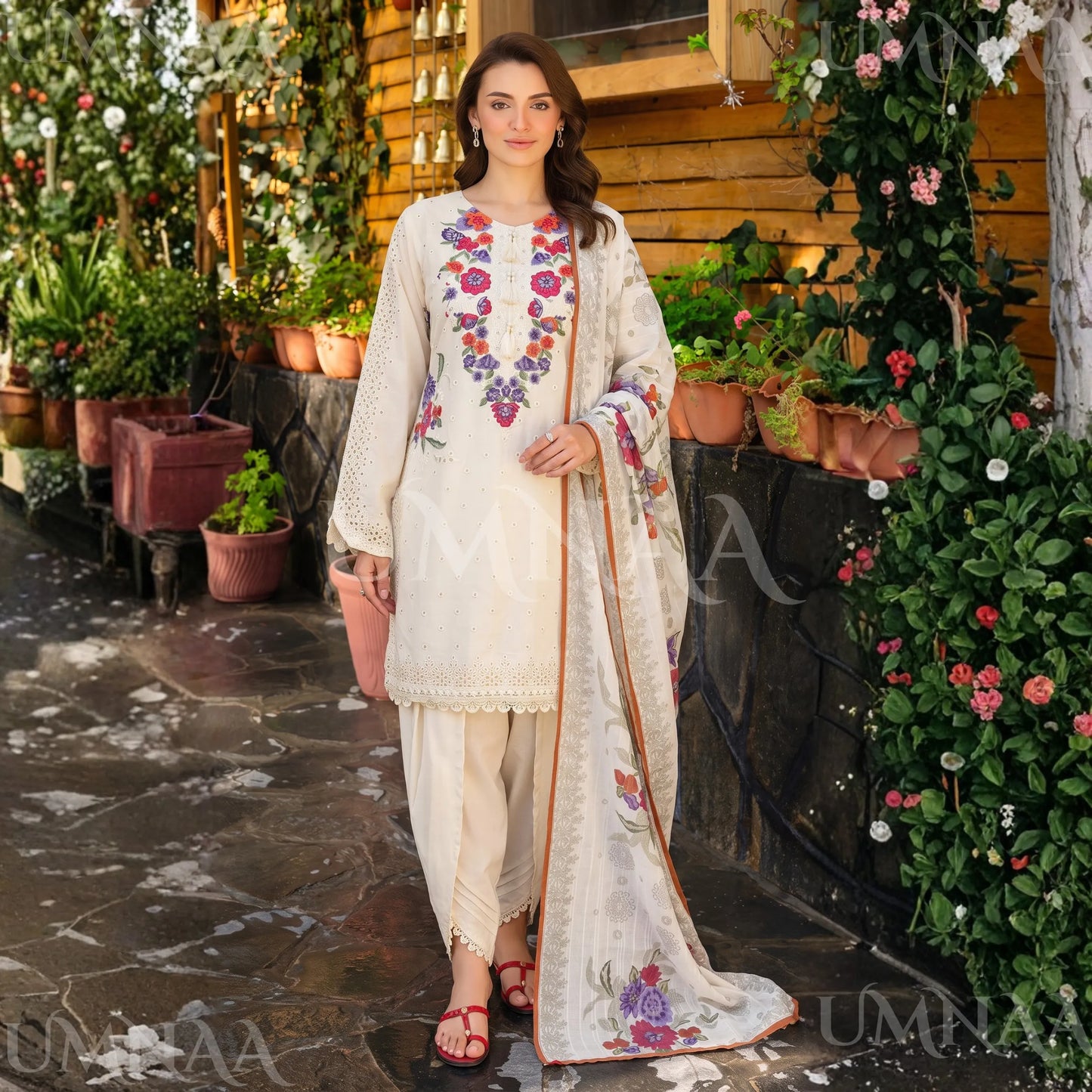 UA-223 Embroidered Cambric Cotton 3 Piece Suit | Tulip Shalwar & Printed Dupatta | Soft Summer Collection by Umnaa