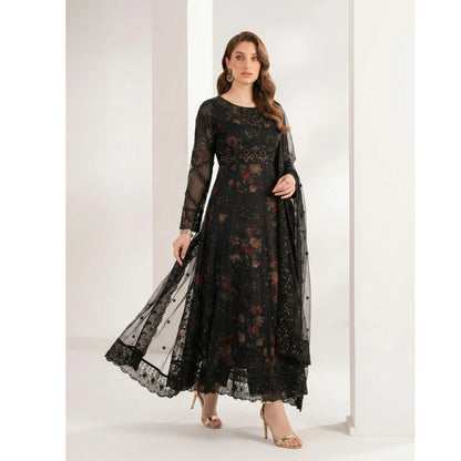 UA-224 Embroidered Chiffon Frock 3 Pc Suit | Printed Inner Lining | Trouser & Chiffon Dupatta | Formal Party Wear