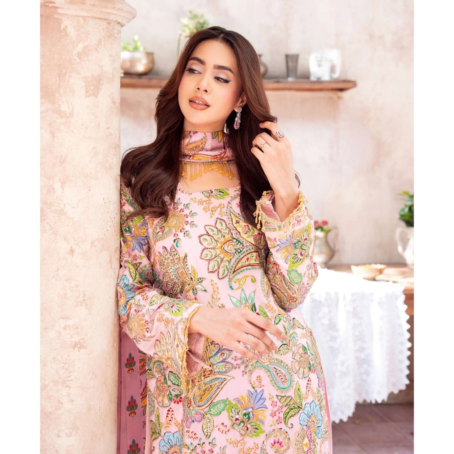 UA-225 Trendy Indian Armani Silk 3 Piece Suit by Umnaa | Embroidered Kameez with Shamoos Silk Shararah & Apple Silk Dupatta | Festive & Party Wear