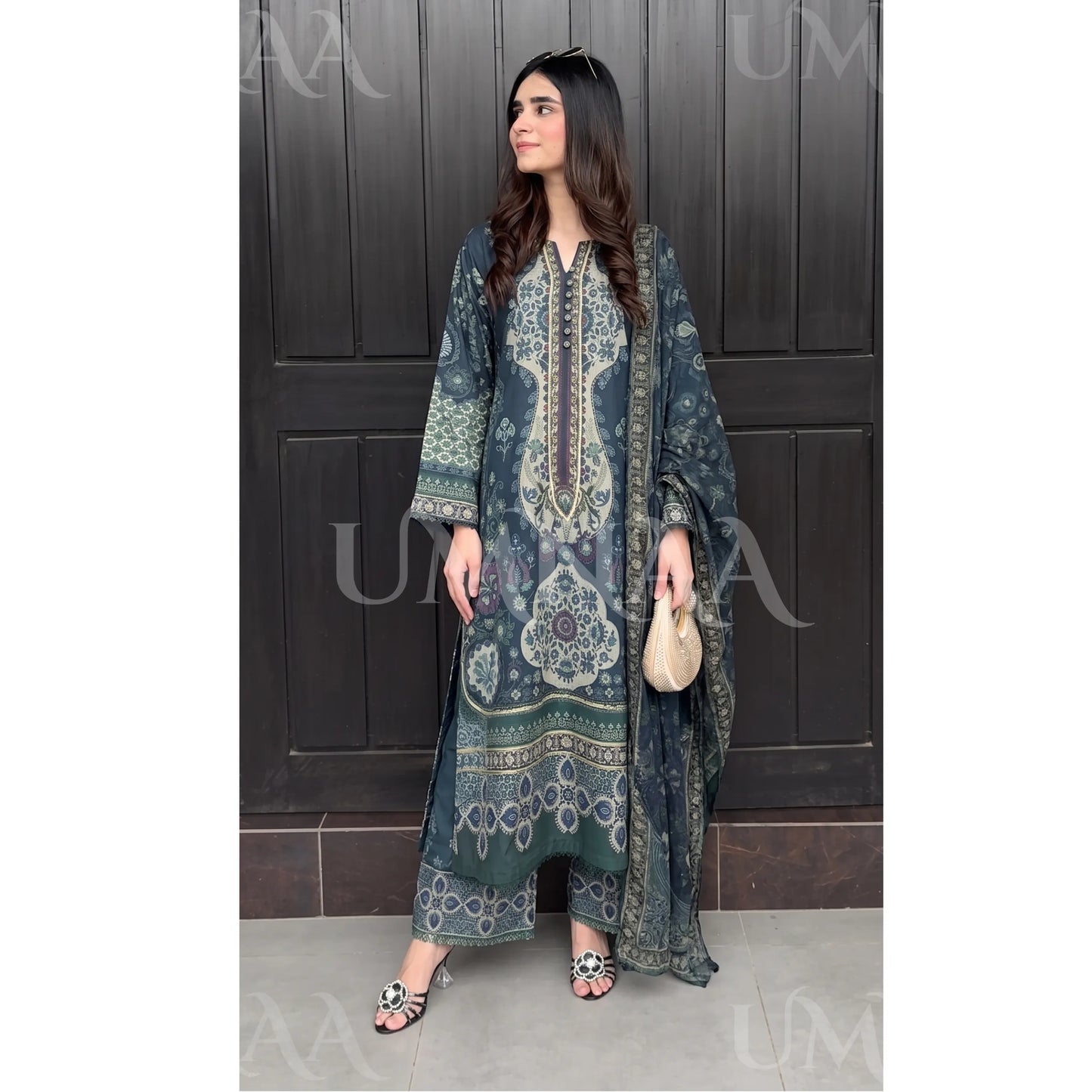 UA-229 Printed Lawn Long Kaftan Style 3  Piece Casual Summer Collection by Umnaa