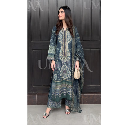 UA-229 Printed Lawn Long Kaftan Style 3  Piece Casual Summer Collection by Umnaa