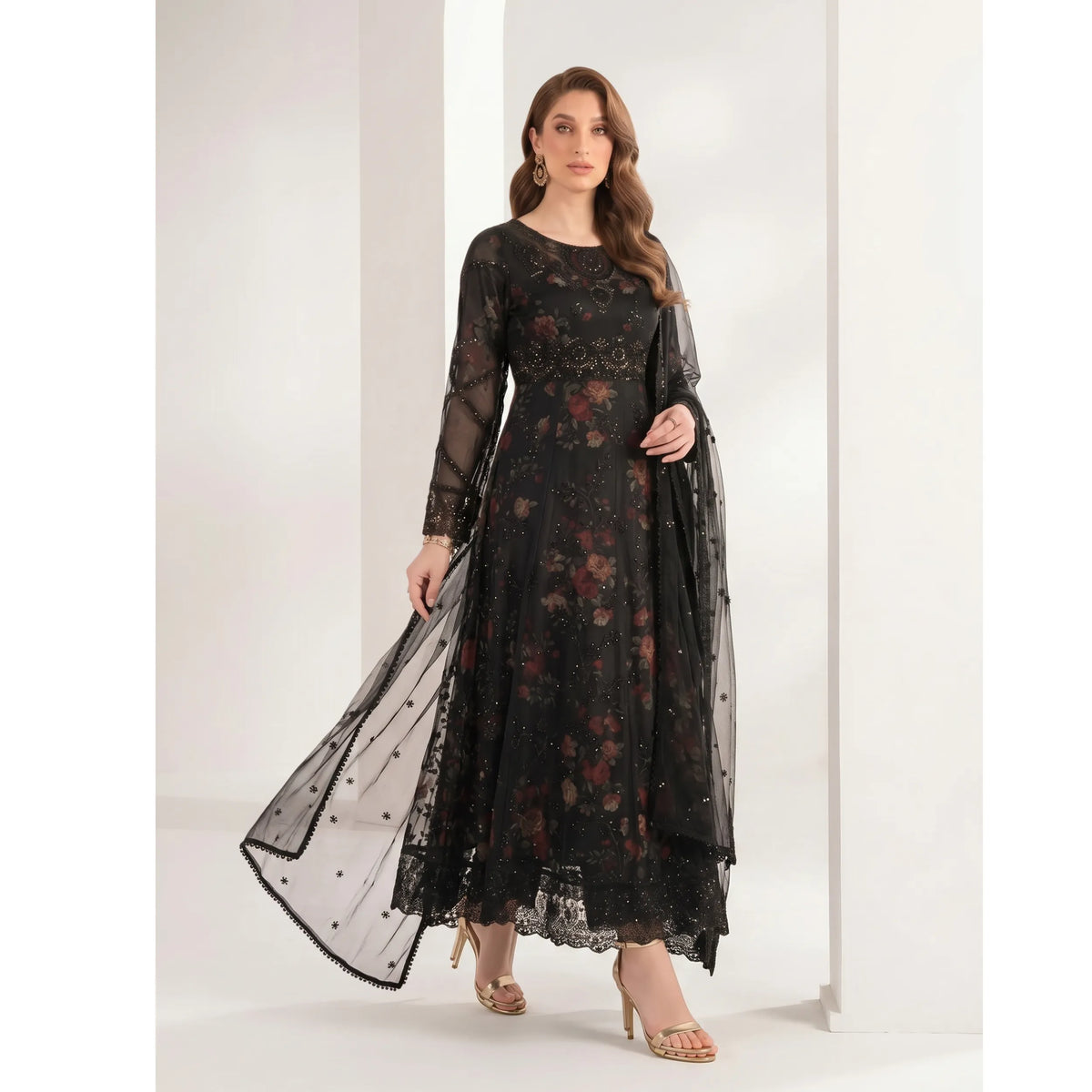 UA-224 Embroidered Chiffon Frock 3 Pc Suit | Printed Inner Lining | Trouser & Chiffon Dupatta | Formal Party Wear