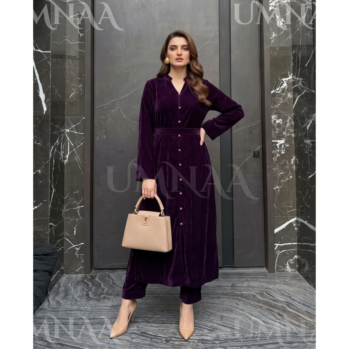UA-301 Coat Style Velvet Co-Ords 2 Pc | Umnaa