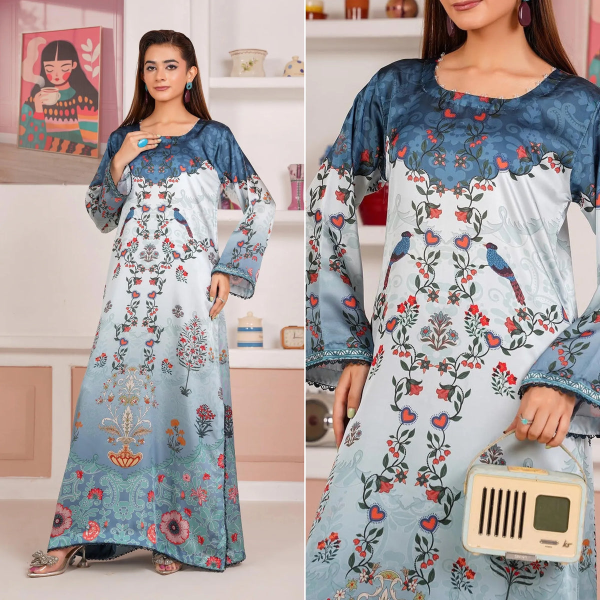 UA-312 Printed Shamooz Silk Printed Kaftan Style Co-Ord Set| Umnaa - Gradient Blue
