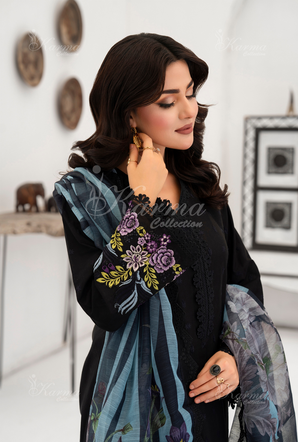 KC- 1389 | Black | 3 Pc | Chikenkari Cotton Lawn | Karma Collection l