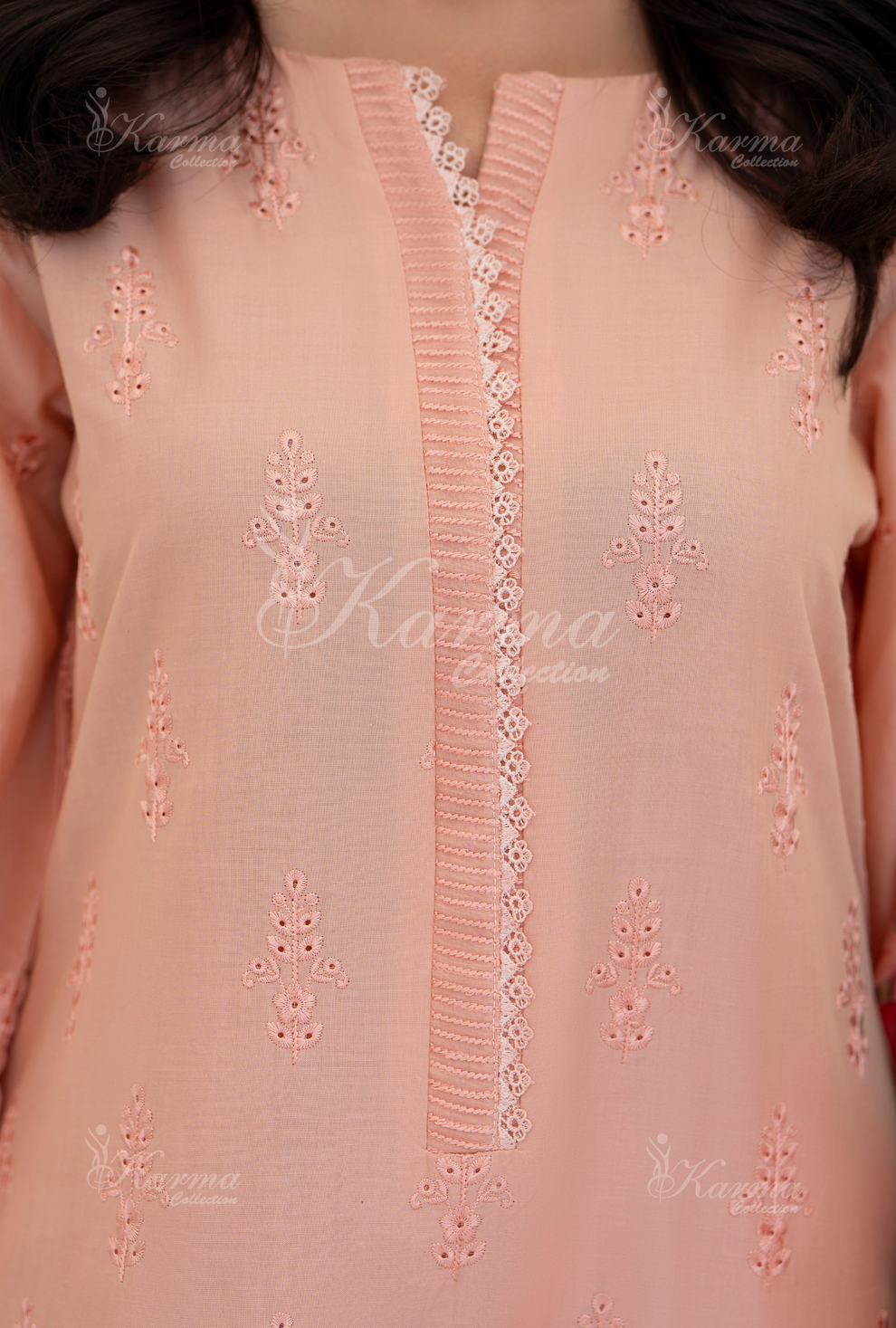 KC- 1390 | Light Salmon | 3 Pc | Chikenkari Cotton Lawn | Karma Collection