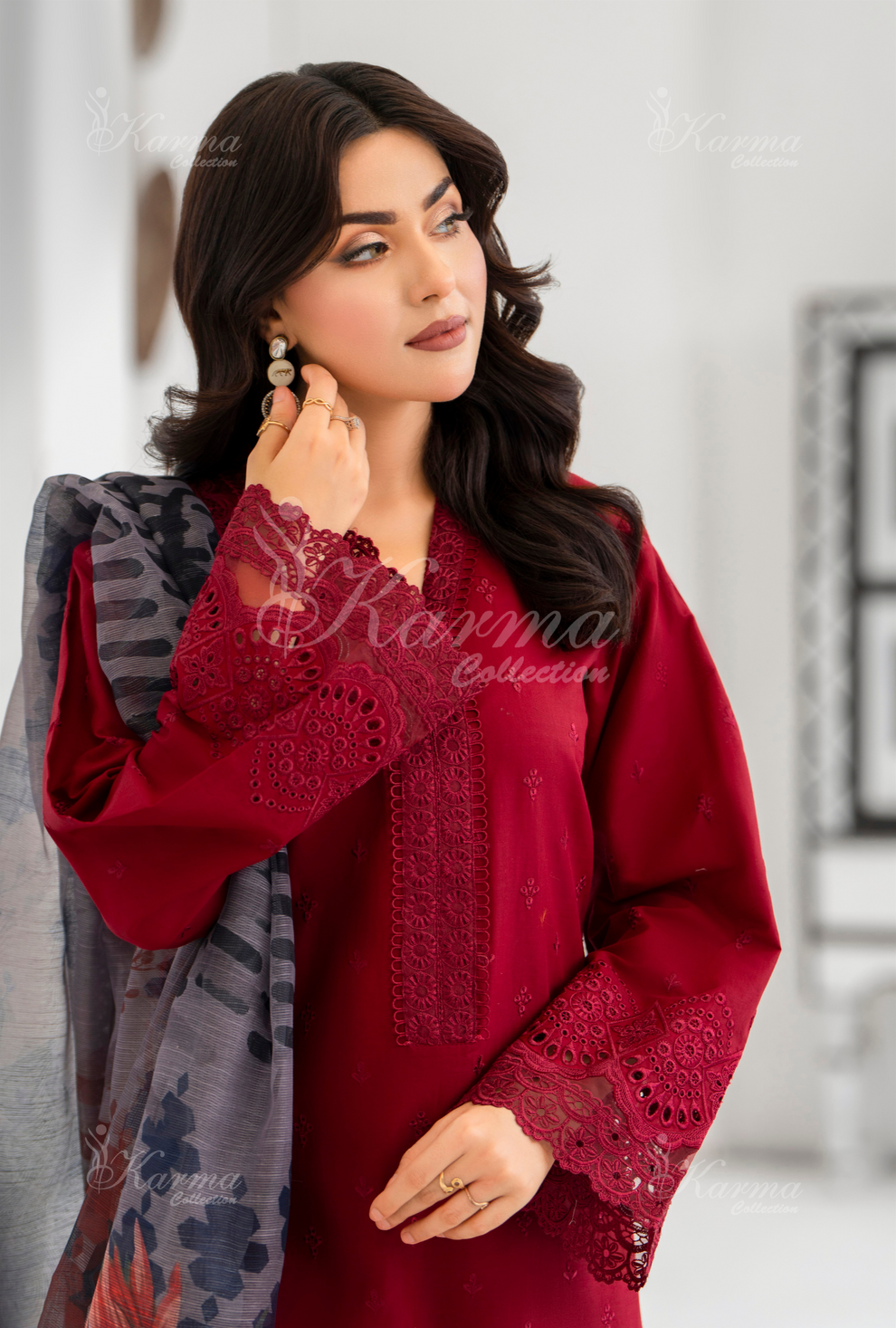 KC- 1393 | Rose Red | 3 Pc | Chikenkari Cotton Lawn | Karma Collection