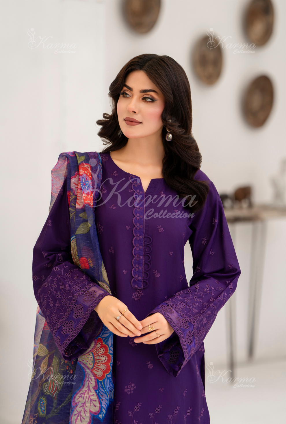 KC- 1391 | Plum | 3 Pc | Chikenkari Cotton Lawn | Karma Collection