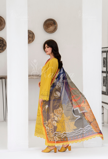 KC- 1385 | Mustard | 3 Pc | Chikenkari Cotton Lawn | Karma Collection
