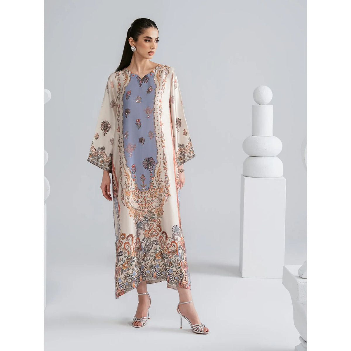 UAL-09 Printed Silk Kaftan with Trouser 2 Pc Set | Ally's - Lavender & Pinkish Cream