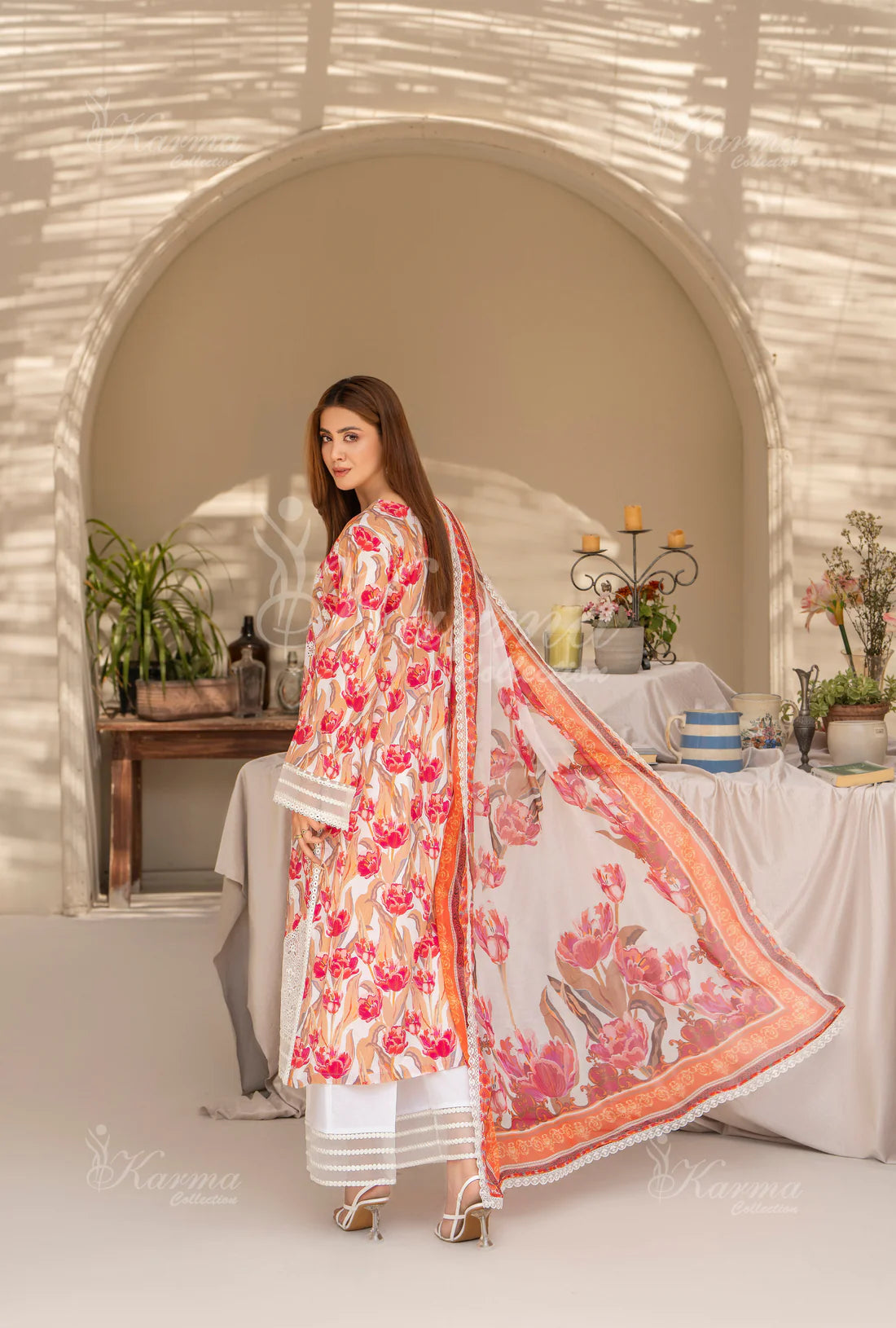 (Multi)  Printed Chikenkari Cotton Lawn 3 Pc - Karma Collection