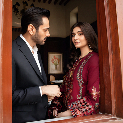 (Maroon) Embroidered Luxury Velvet Twill Linen Suit | 3 Pc | Winter Collection | MARIA.B