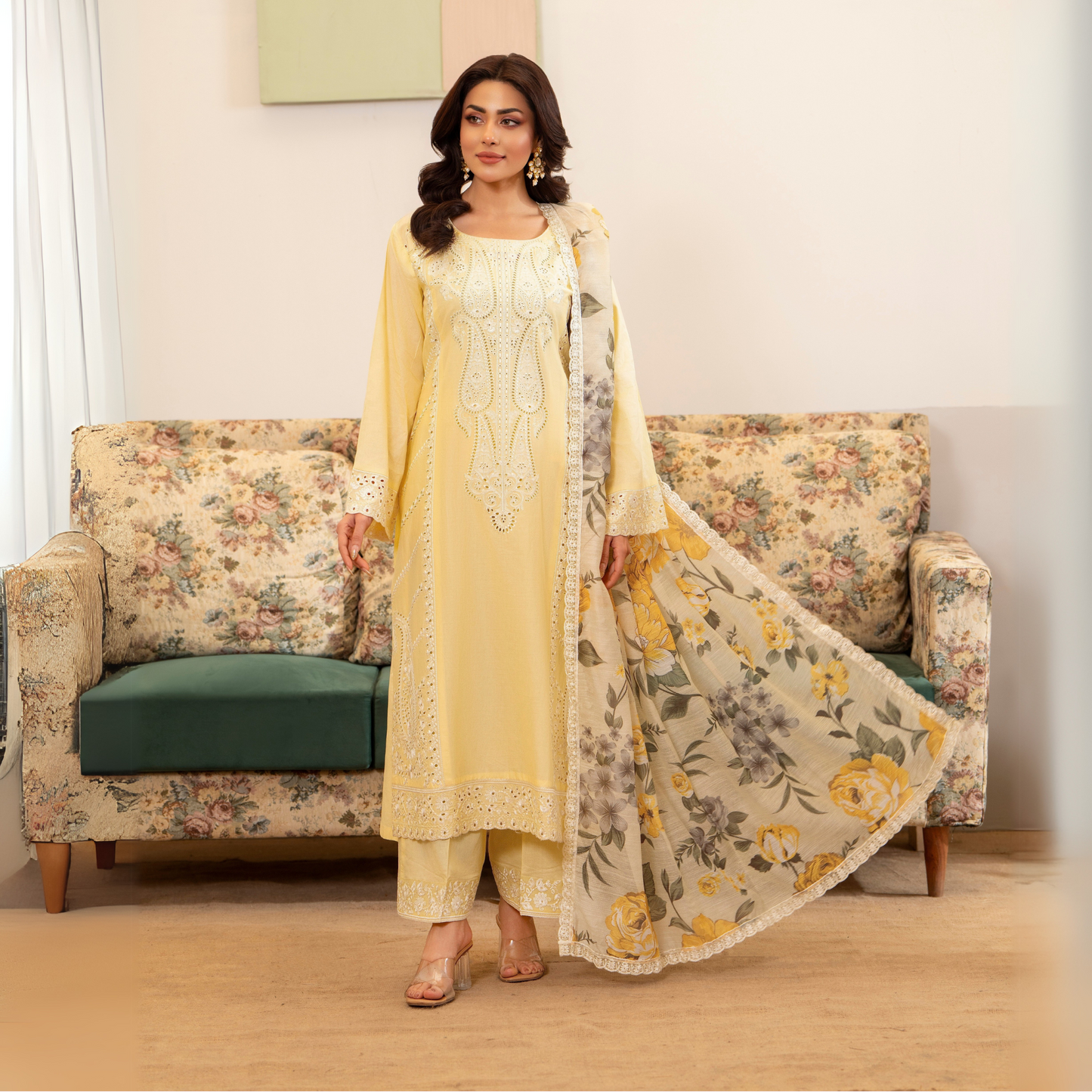 UKC-23 Chikenkari Cambric Cotton Ready to Wear Eid Collection 3 Pc - Karma Collection