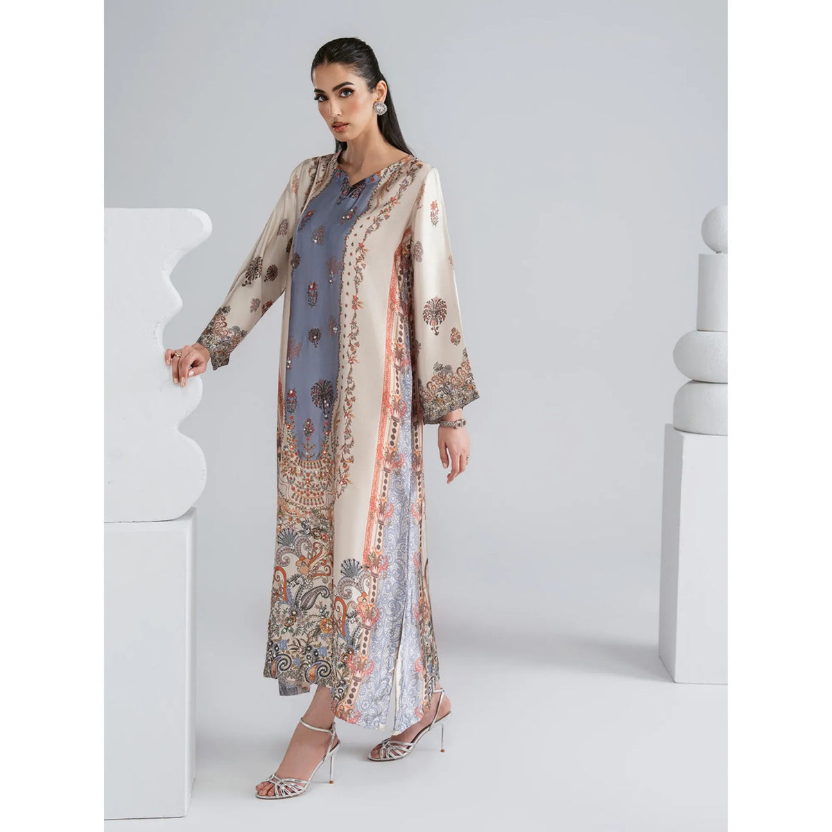 UAL-09 Printed Silk Kaftan with Trouser 2 Pc Set | Ally's