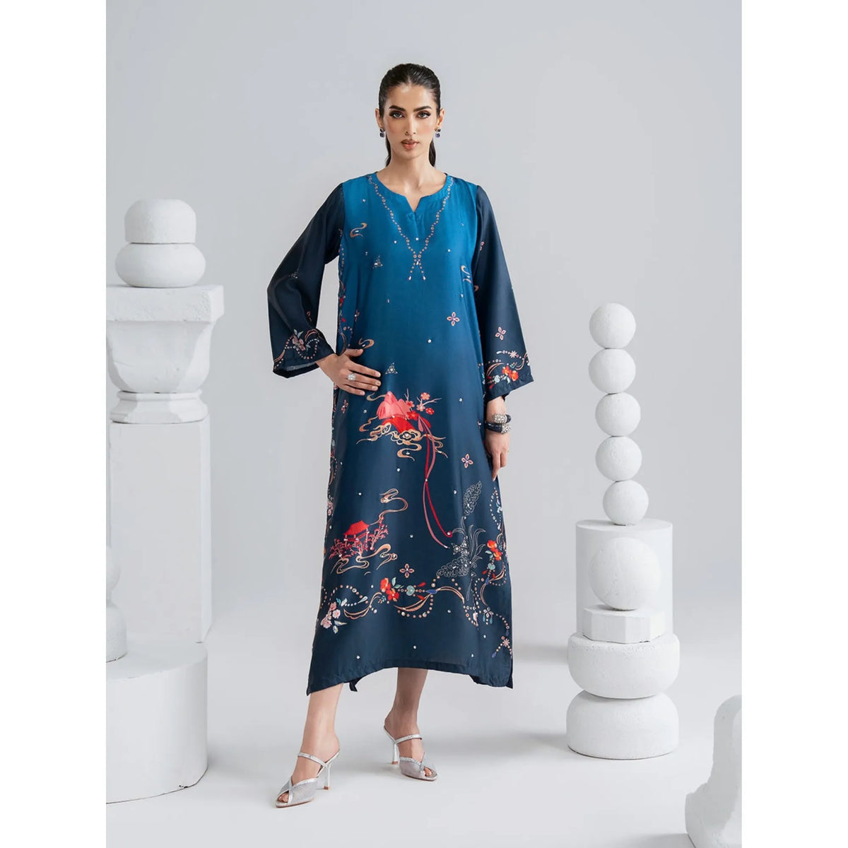 UAL-09 Printed Silk Kaftan with Trouser 2 Pc Set | Ally's