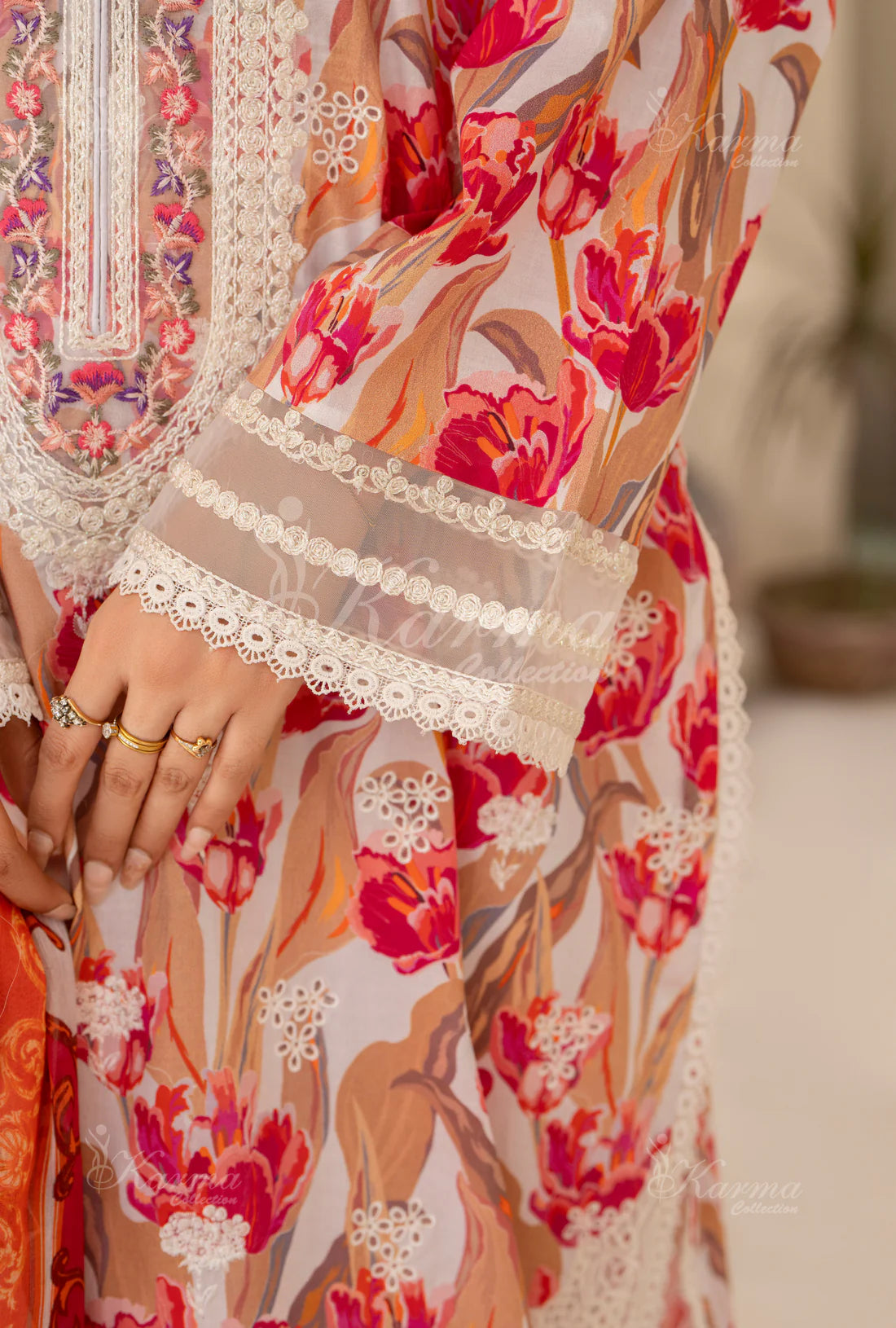 (Multi)  Printed Chikenkari Cotton Lawn 3 Pc - Karma Collection