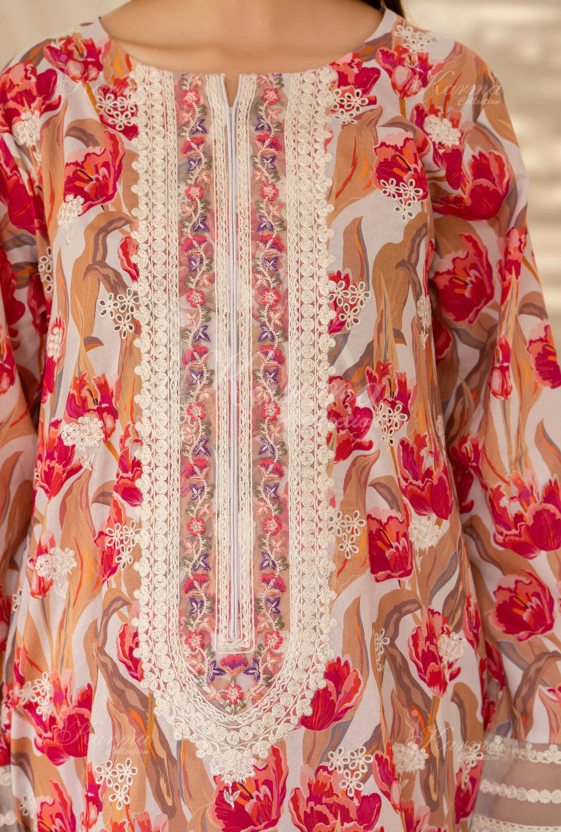 (Multi)  Printed Chikenkari Cotton Lawn 3 Pc - Karma Collection