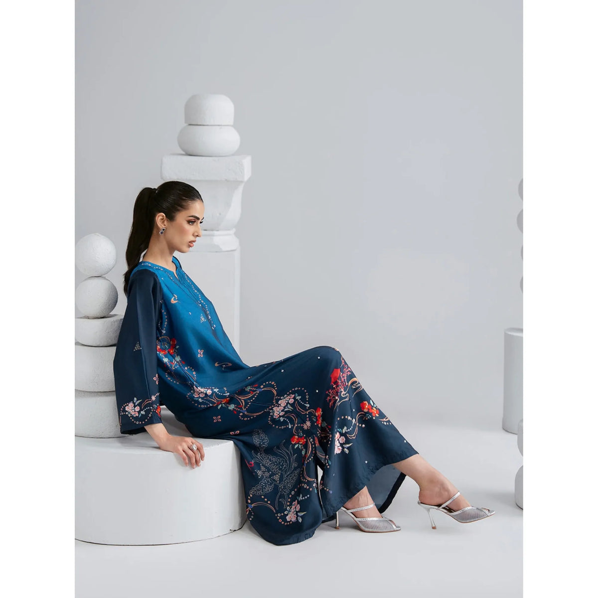 UAL-09 Printed Silk Kaftan with Trouser 2 Pc Set | Ally's