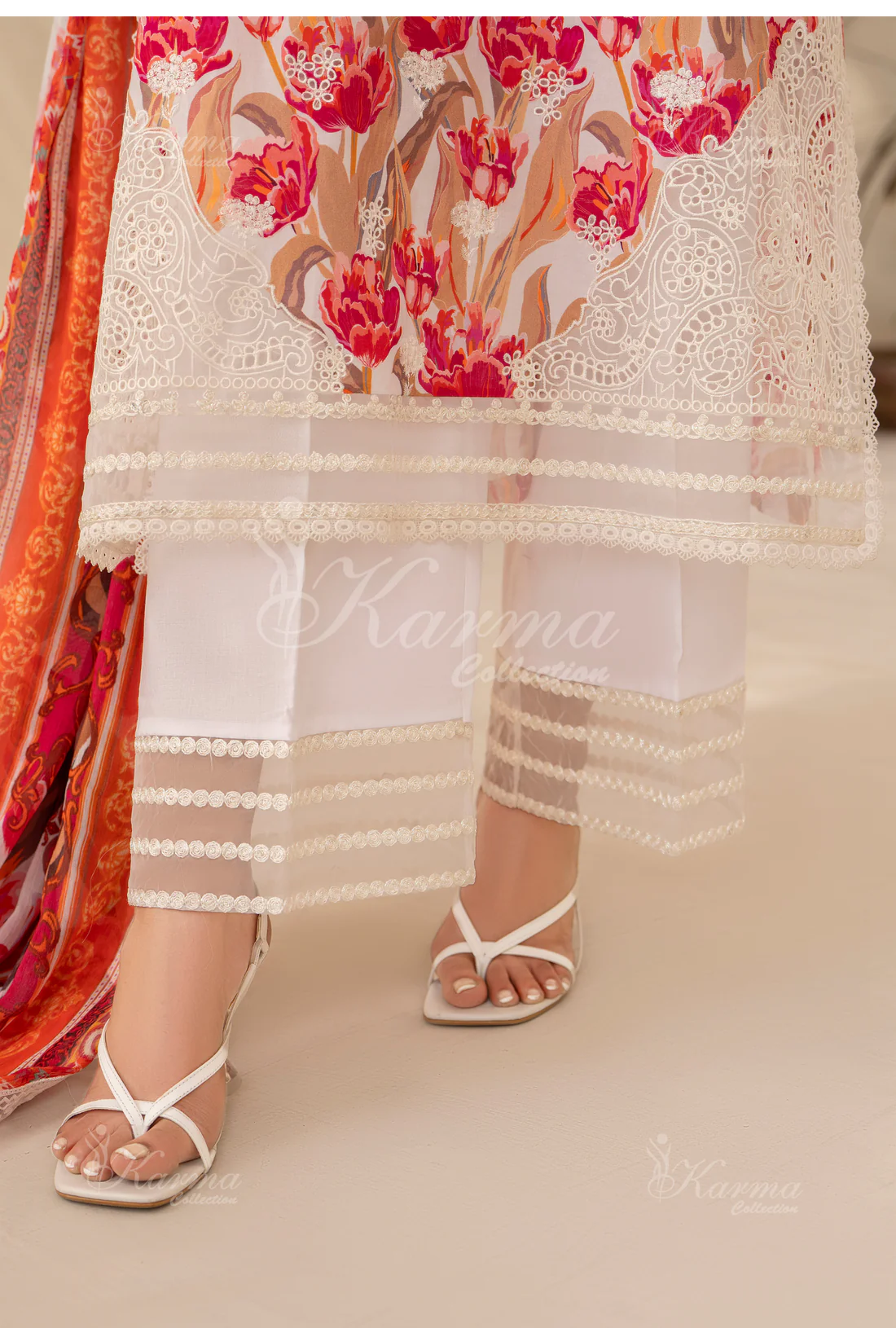 (Multi)  Printed Chikenkari Cotton Lawn 3 Pc - Karma Collection