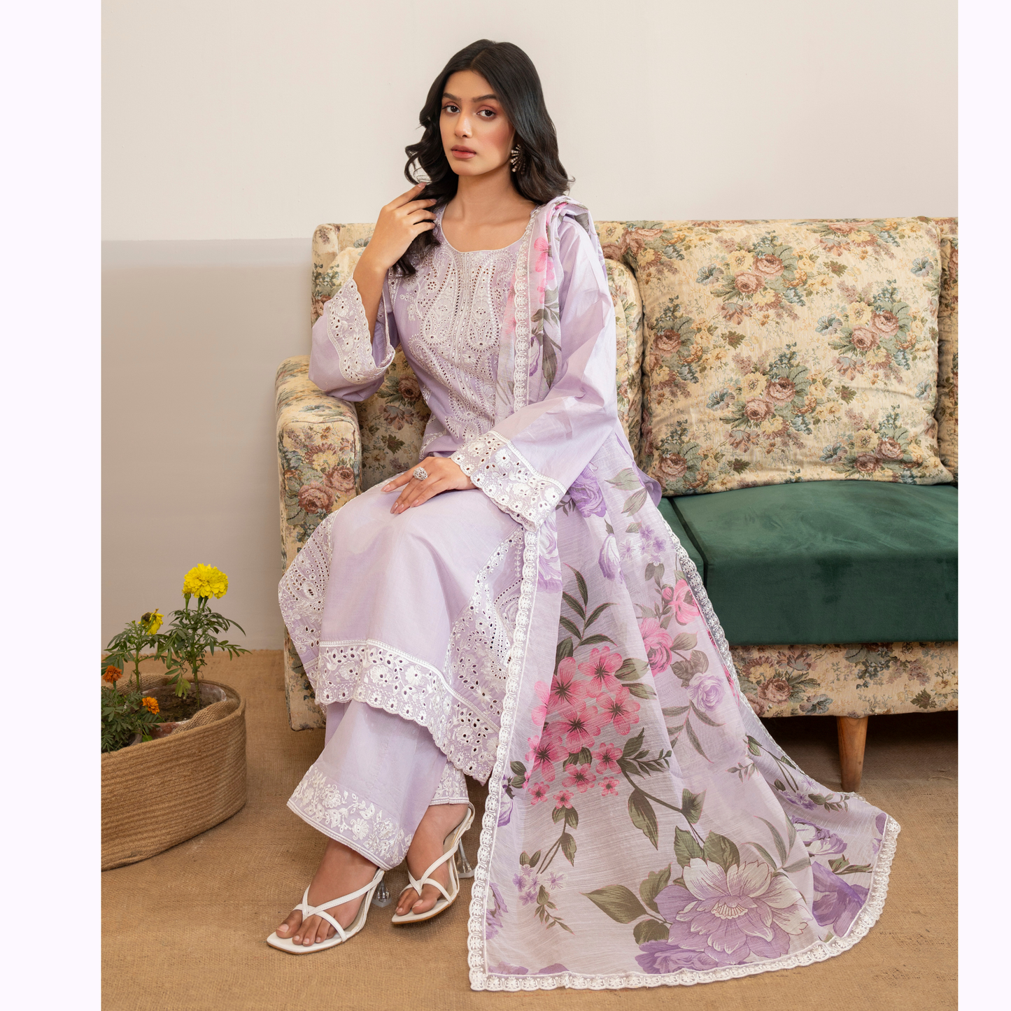 UKC-23 Chikenkari Cambric Cotton Ready to Wear Eid Collection 3 Pc - Karma Collection