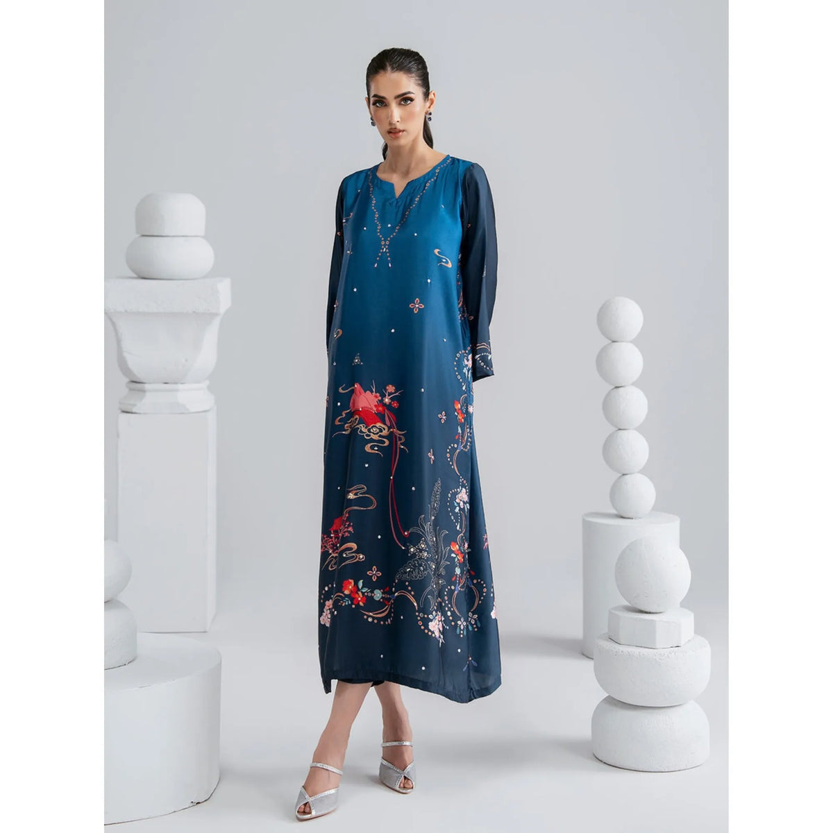 UAL-09 Printed Silk Kaftan with Trouser 2 Pc Set | Ally's