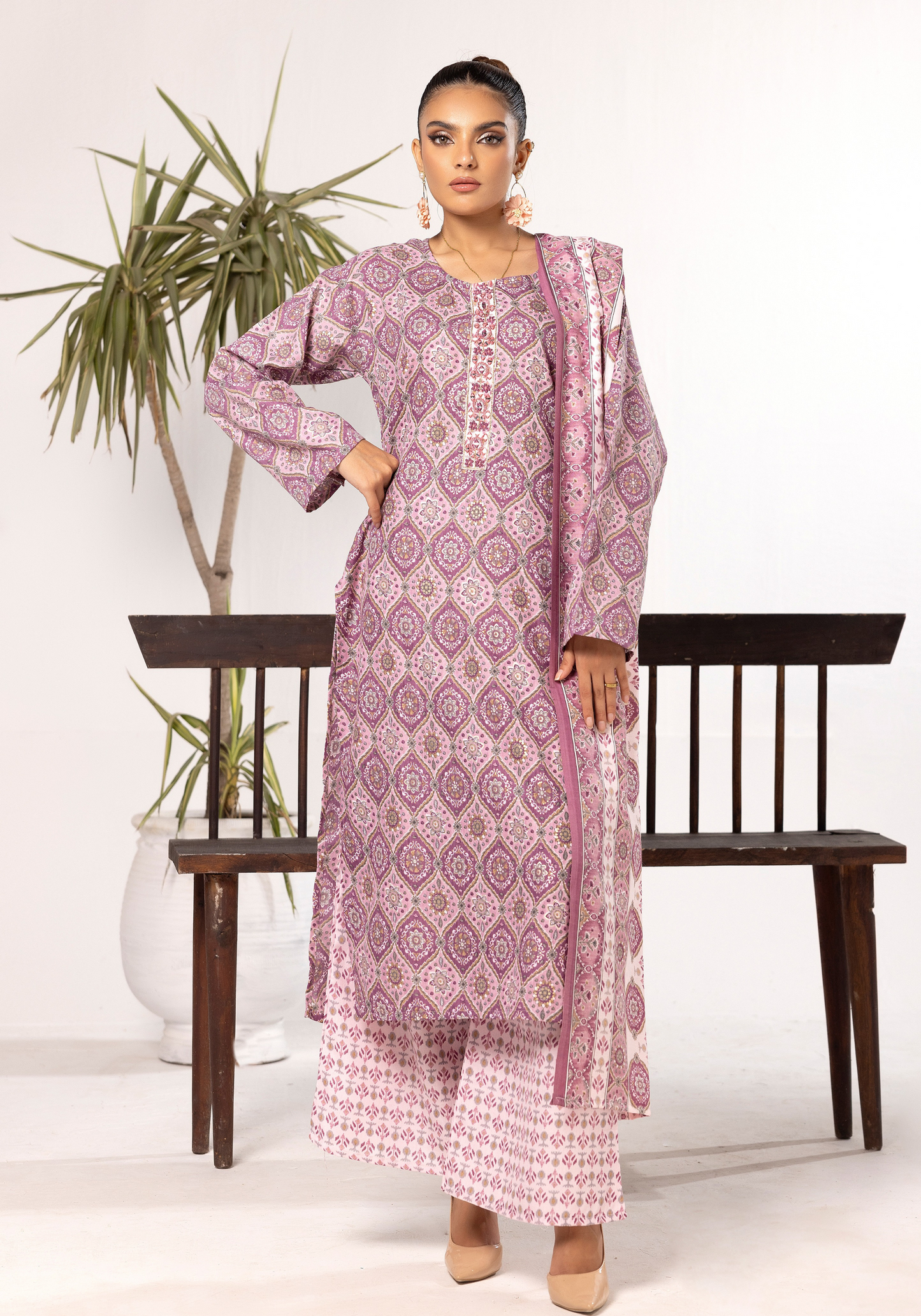 Mauve | Printed Linen Shalwar Kameez & Dupatta | 3 Pc | Ready-to-wear | Simrans