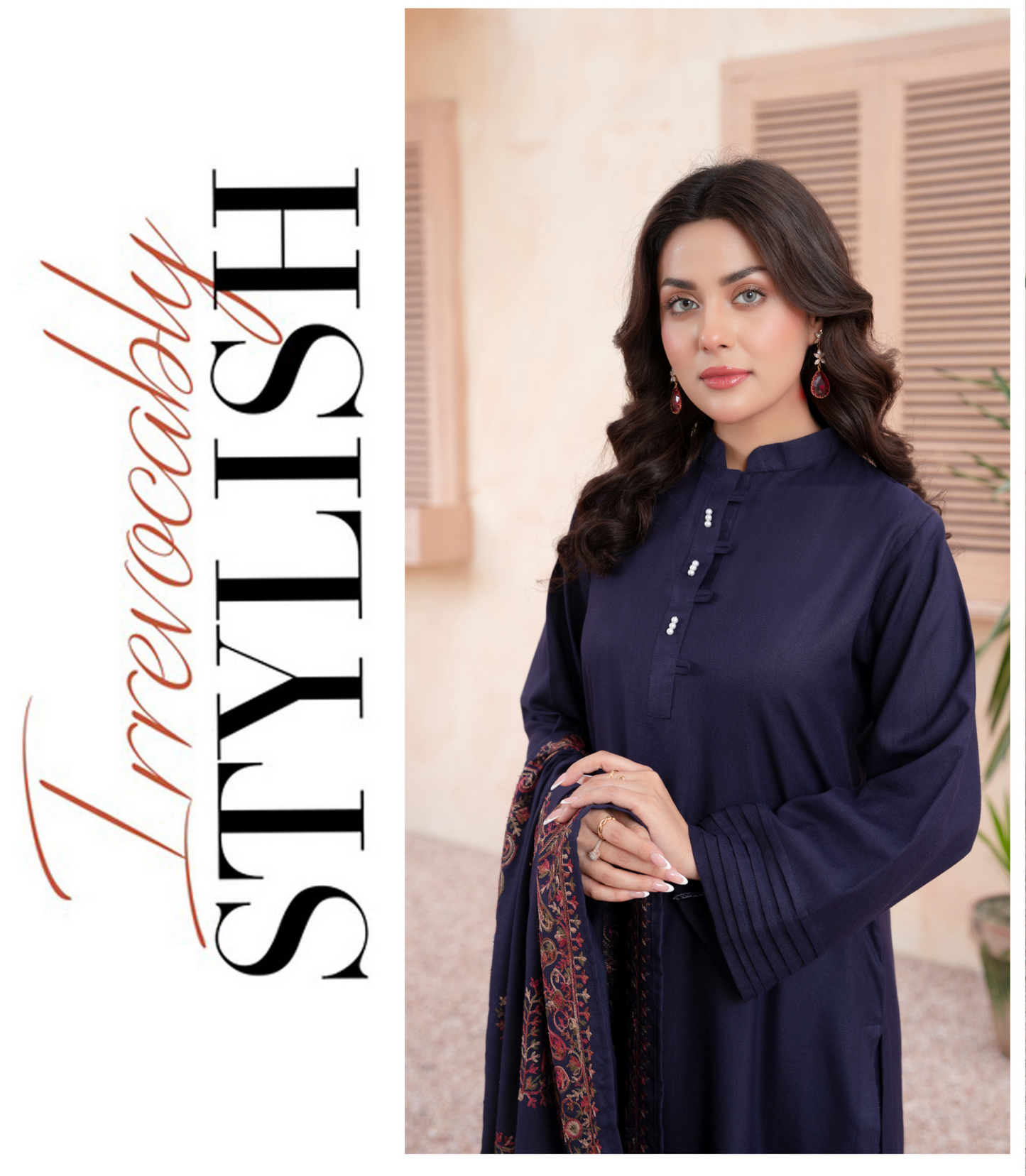 (Navy Blue) 3 Pc Dhanak Dress with Embroidered Wool Shawl Dupatta | Winter Wear | RANIYA.H