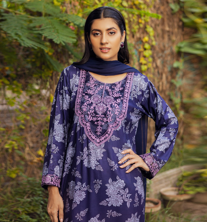 Purple | Printed Linen Shirt & Trouser With Chiffon Dupatta| Ready to Wear 3 Pc dress - Rangz