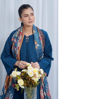 (Blue) Khaddar Dress with Shawl |3 Pc| Winter Collection | Hayats