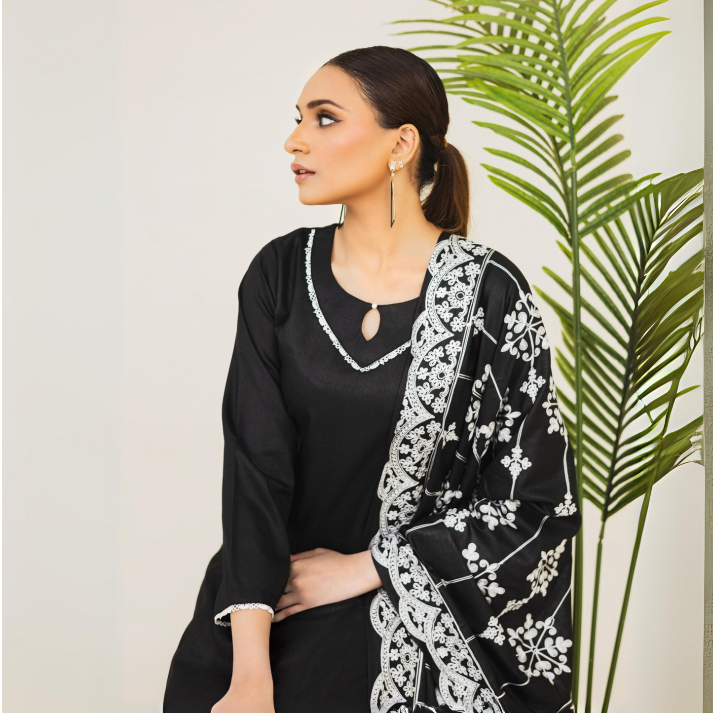 (Black) 3 Pc Dhanak Dress with Embroidered Dhanak Shawl | Winter Collection | Rangz