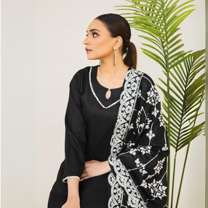 (Black) 3 Pc Dhanak Dress with Embroidered Dhanak Shawl | Winter Collection | Rangz