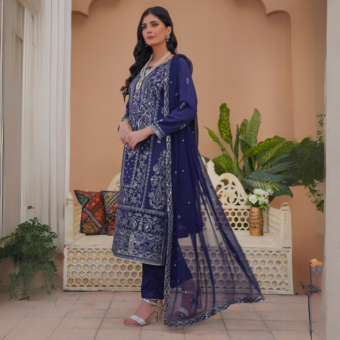 Luxury Embroidered Viscose Linen Dress 3 Pc | Winter Collection | Umnaa