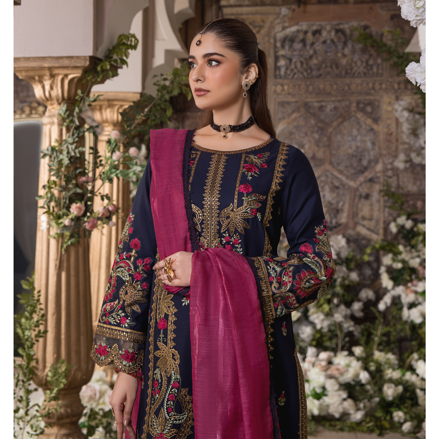 (Navy) 3 Pc Embroidered Cambric Cotton Ready to Wear Dress | Eid Wear | Heera's