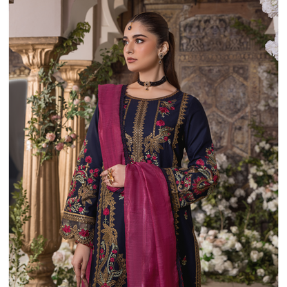(Navy) 3 Pc Embroidered Cambric Cotton Ready to Wear Dress | Eid Wear | Heera's