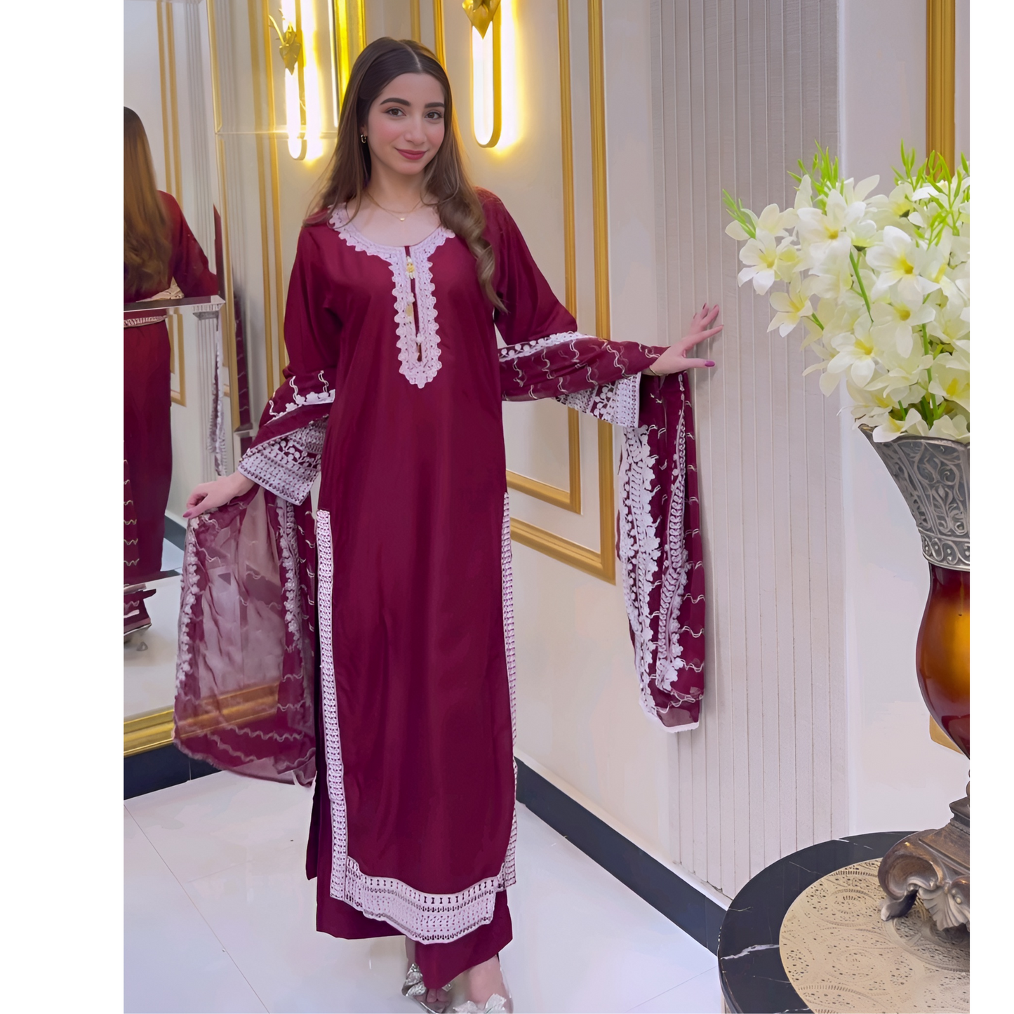 UA-47 Embroidered Linen with Chiffon Duppata Pc Dress | Ready to wear | UMNAA