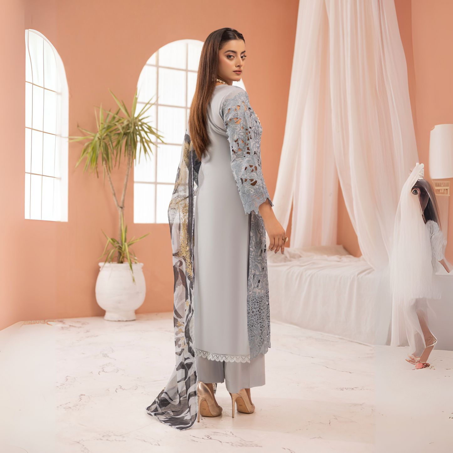 UMS-16 3 Pc Chikenkari Cambric Cotton Ready to Wear Dress | Simrans