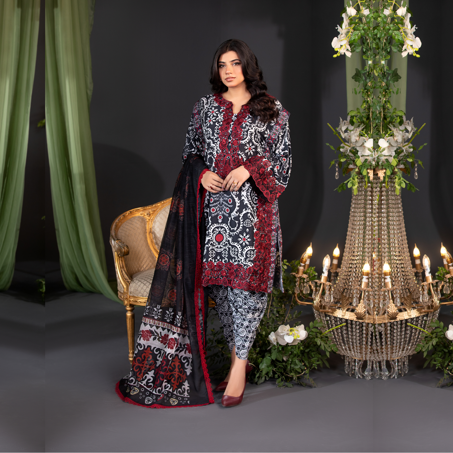(Black and White) 3 Pc Embroidered Cambric Cotton Ready to Wear Dress | Eid Wear | Heera's