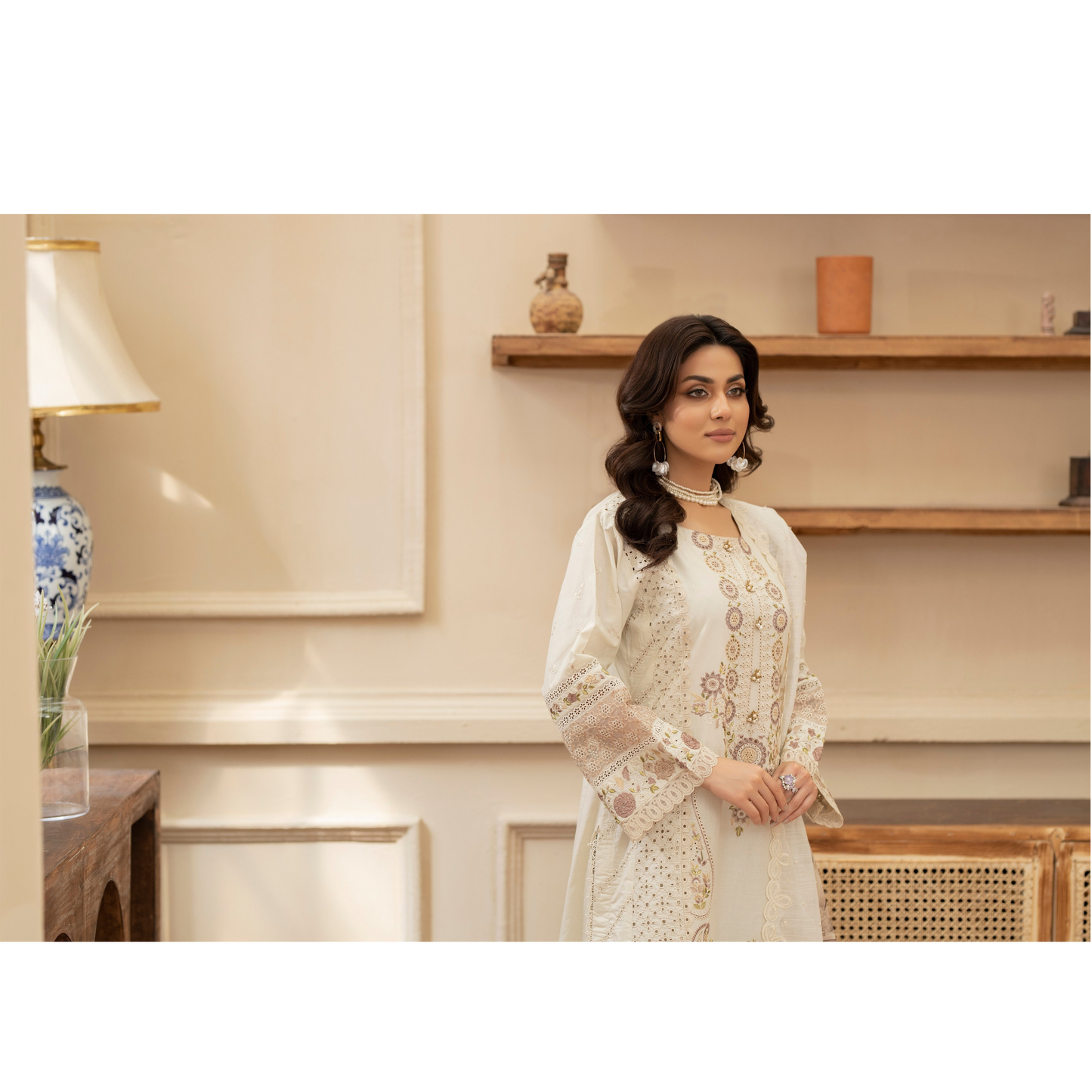 KC-1434 Embroidered Chikenkari Cambric Cotton Dress Ready to Wear 3 Pc - Karma Collection