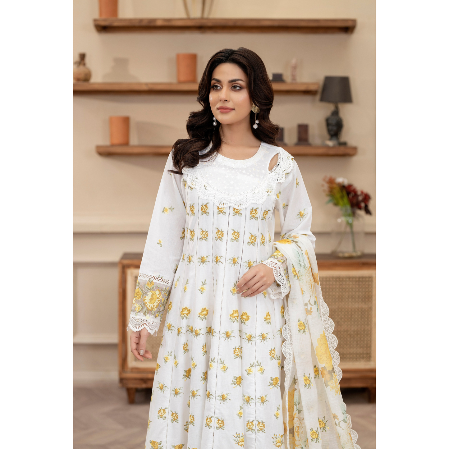 KC-1436 Embroidered Cambric Cotton long Frock Dress Ready to Wear 3 Pc - Karma Collection
