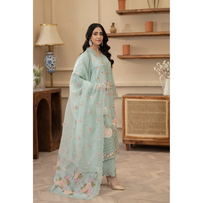 KC-1437 Embroidered Cambric Cotton long Frock Dress Ready to Wear 3 Pc - Karma Collection
