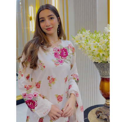 UA-68 (Cream) Embroidered Cambric Cotton 3 Pc Pakistani Dress | UMNAA