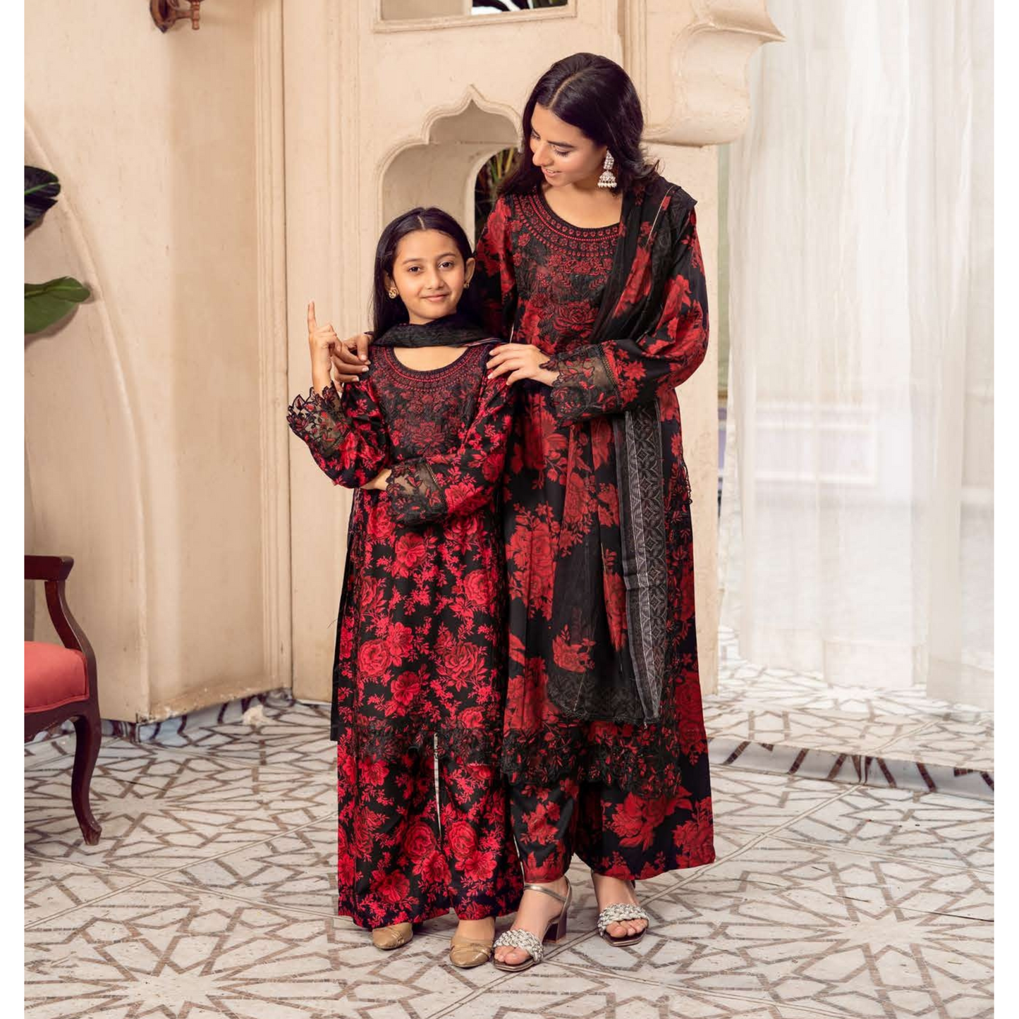 3 Pc Mother n Daughter Linen Embroidered Printed Dress | Festive Collection | Rangz