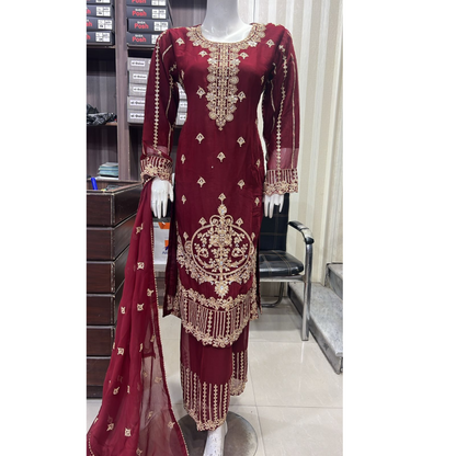 U-73 3 Pc women's Embroidered Chiffon salwar kameez Pakistani Indian fashion Traditional Womenswear Festive collection-UMNAA